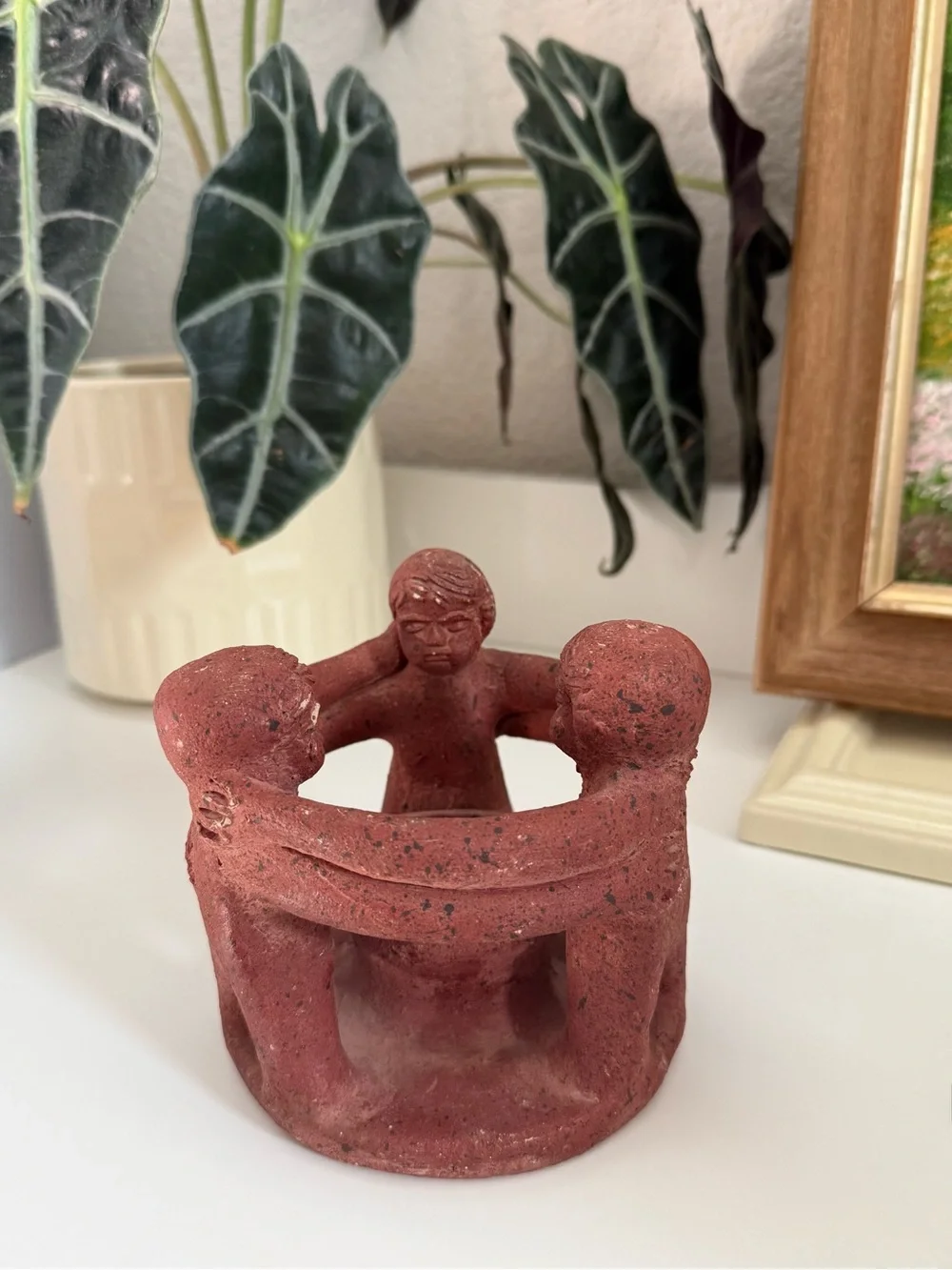 Vintage Red Terracotta Circle of Friends Three Figurine Candle Holder